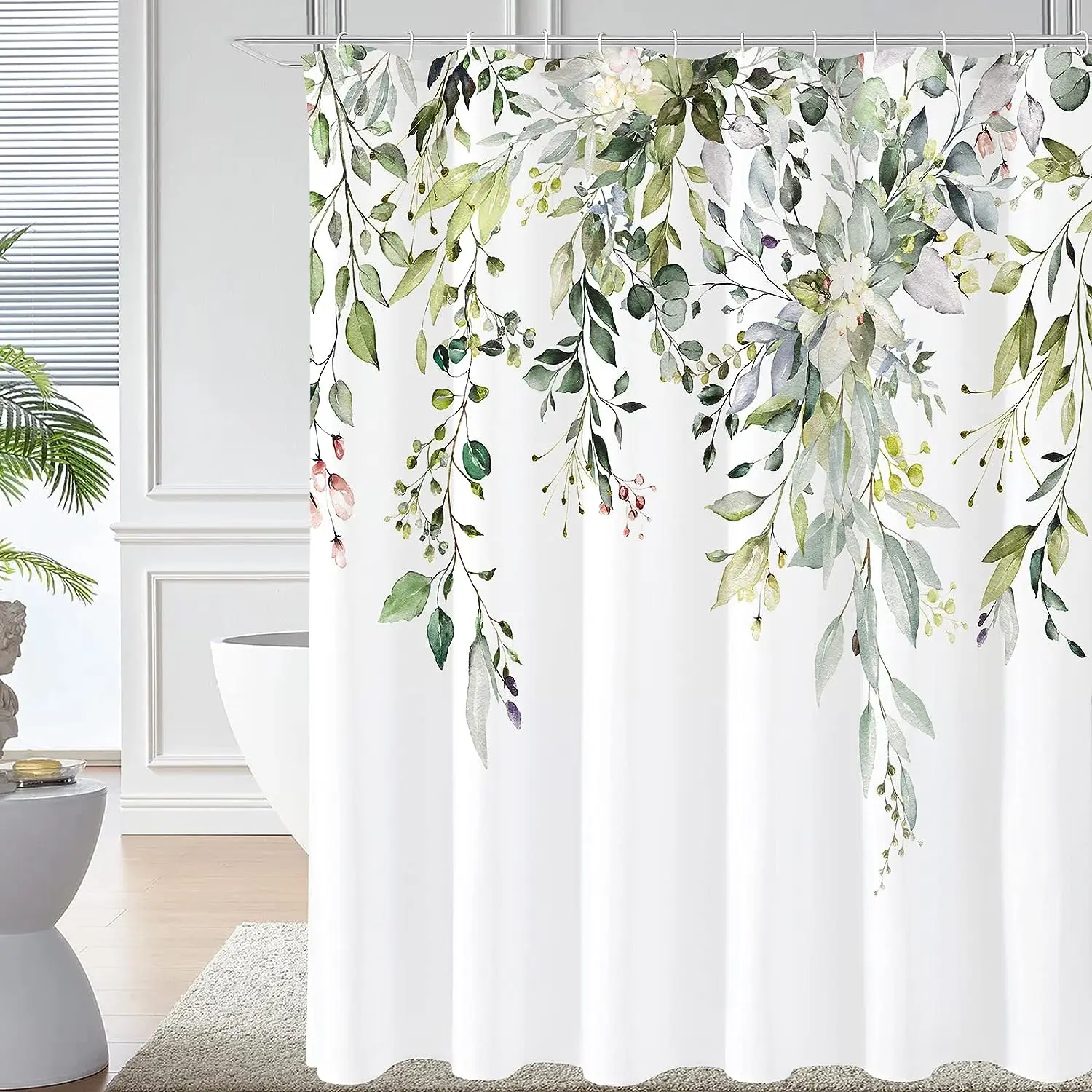 Shower Curtain Liner - Aquarell-Eukalyptusblatt-Duschvorhang, hängendes grünes Laub, weiße Blütenbeere,