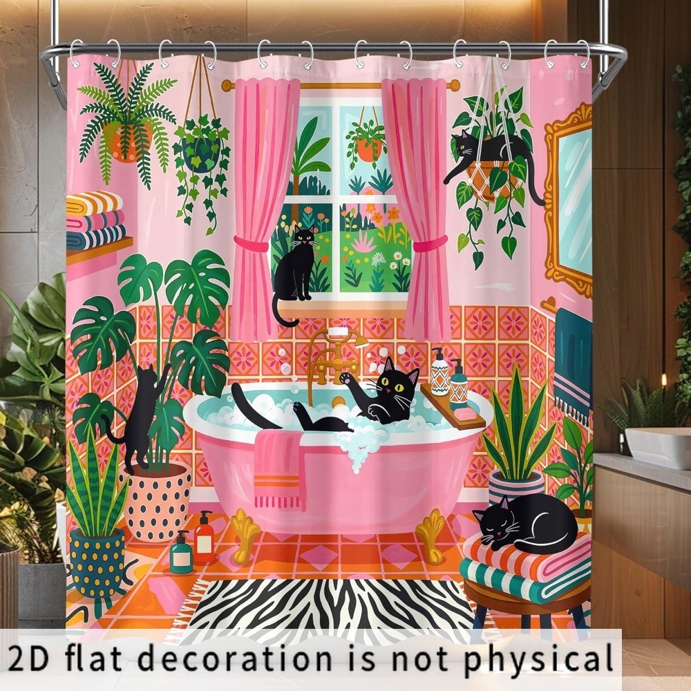 Shower Curtain Liner - Verspielter Katzen- und Pflanzenmuster-Duschvorhang, wasserdichter Badezimmer-Dekor-Liner,