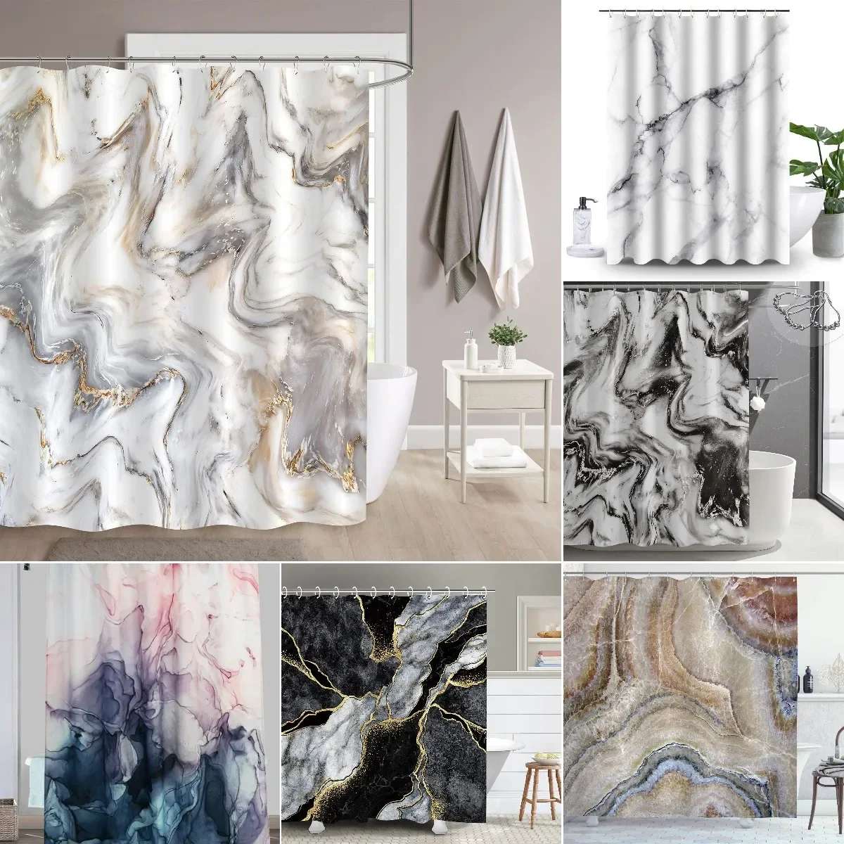 Shower Curtain Liner - Grau-Gold-Marmor-Tinten-Textur-Duschvorhang-Set, abstrakter moderner Duschvorhang für Badezimmer-Dekoration,